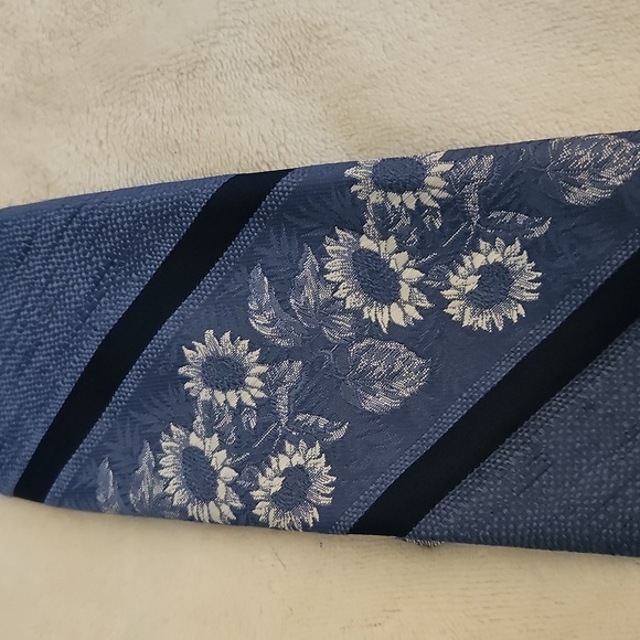 Vtg SEARS MCM Blue Sunflower Floral Striped Wide Clip-on Tie - Picture 8 of 8